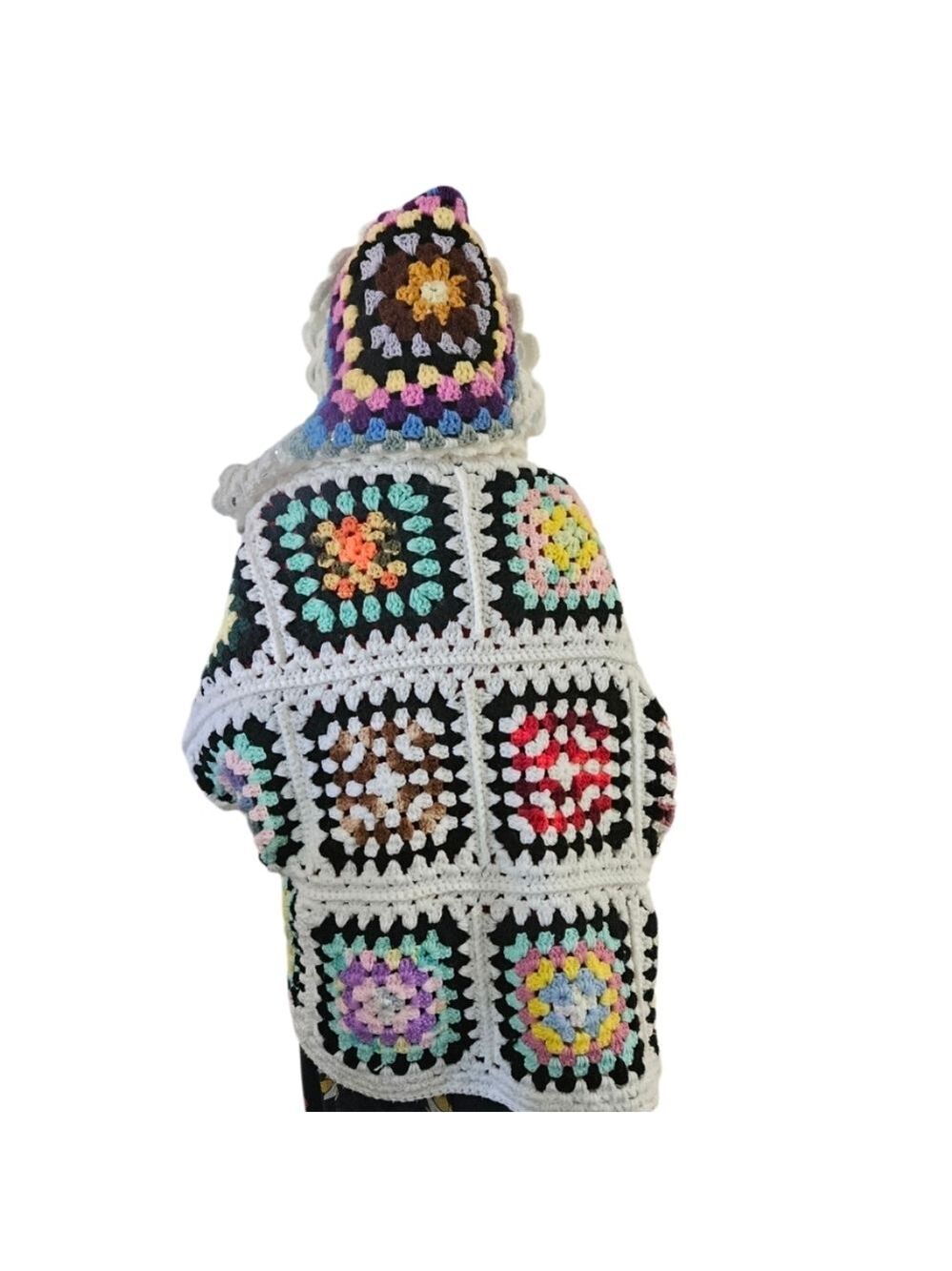 Hand Crafted Crochet Granny Square Cardigan open front Hooded Colorfull Sweater - Picture 10 of 17